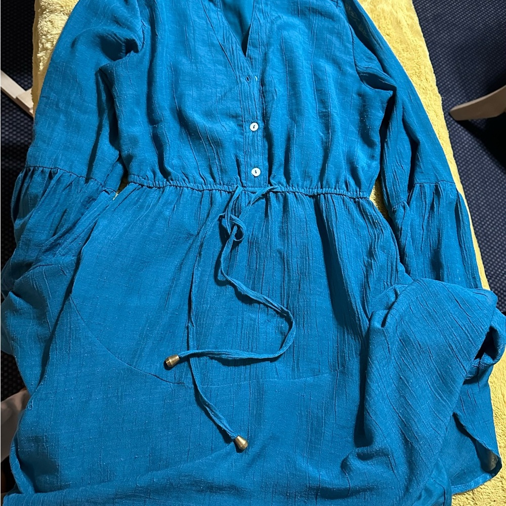 Teal Long Sleeve Dress with Drawstring